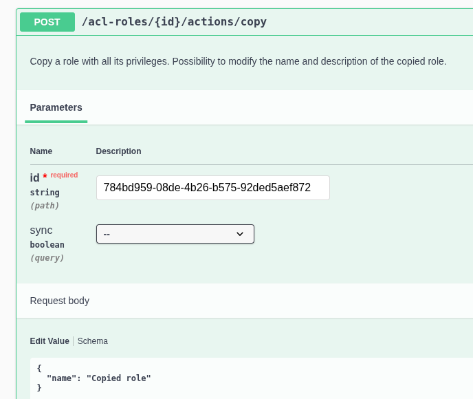 The copy action on a template role, in the REST API Swagger UI