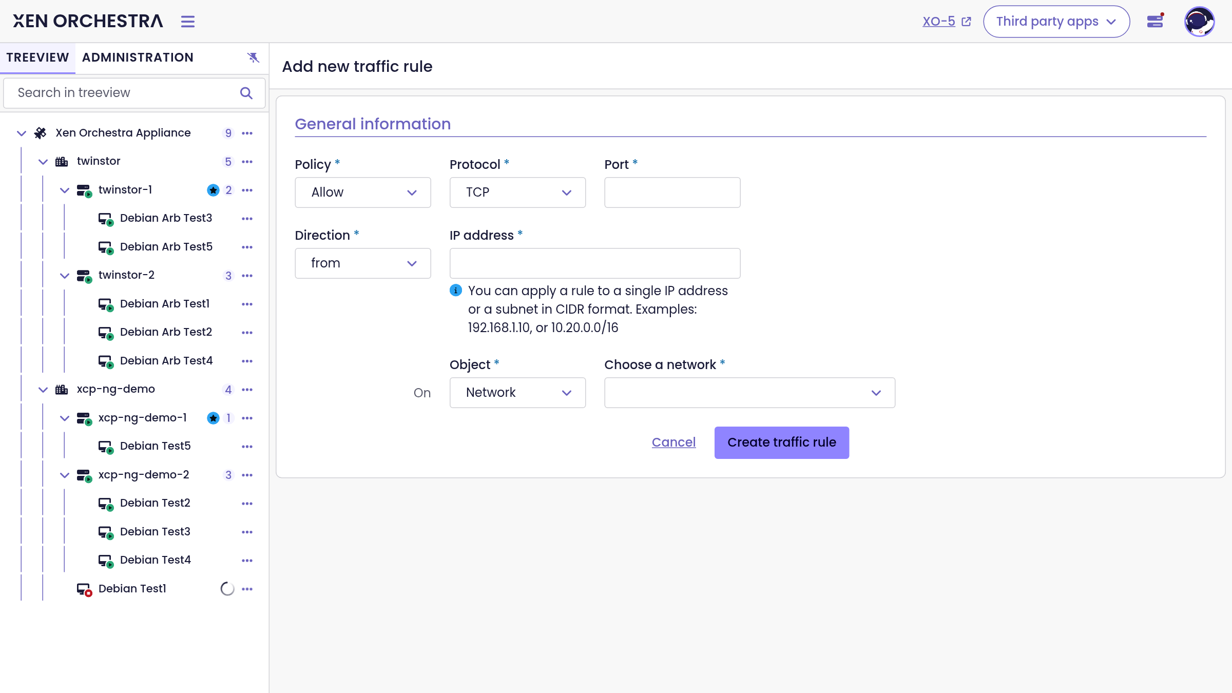The new traffic rule form: policy, protocol, direction, IP range, and the network or VIF it applies to