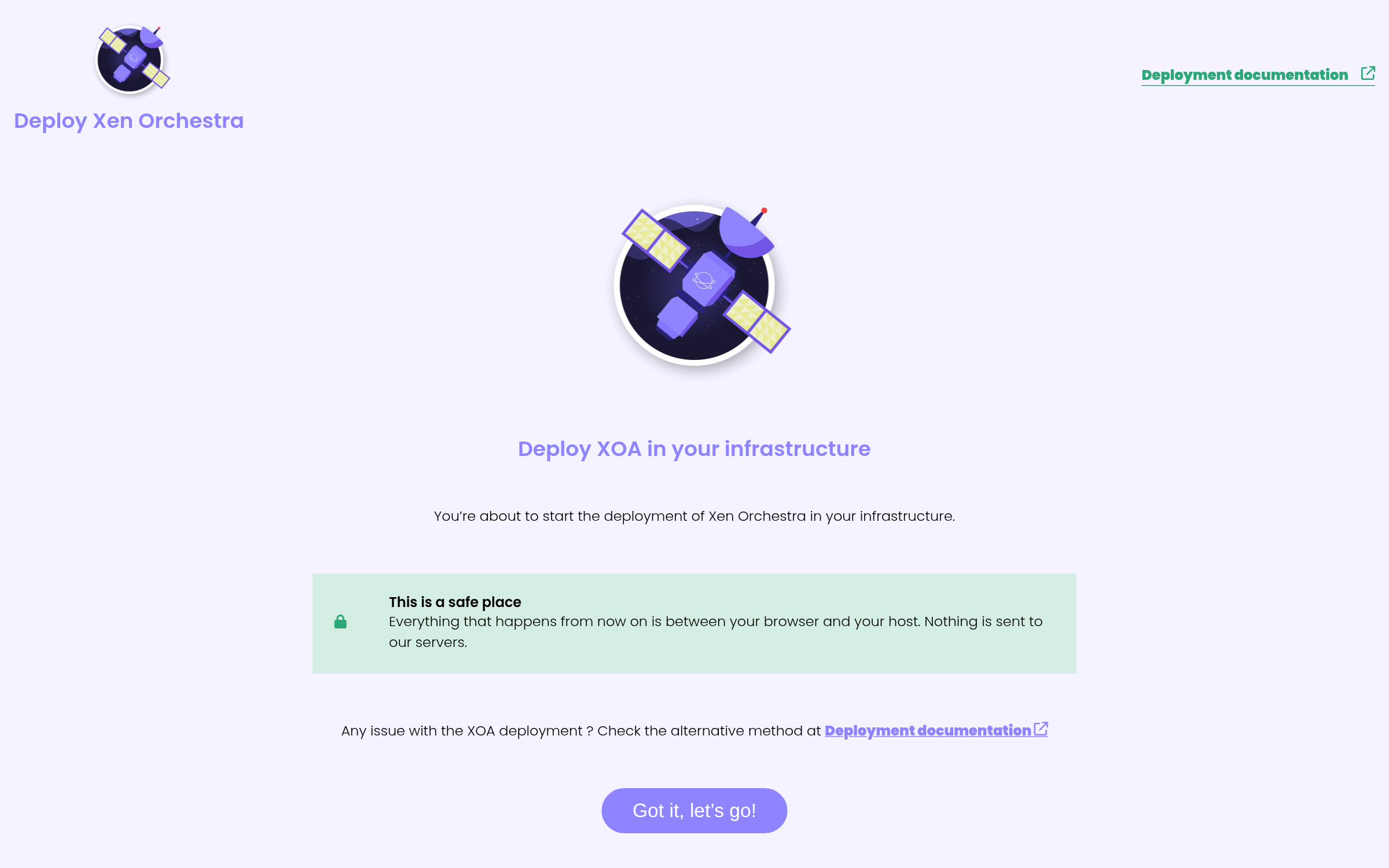 The XOA deploy form: everything runs between your browser and your host