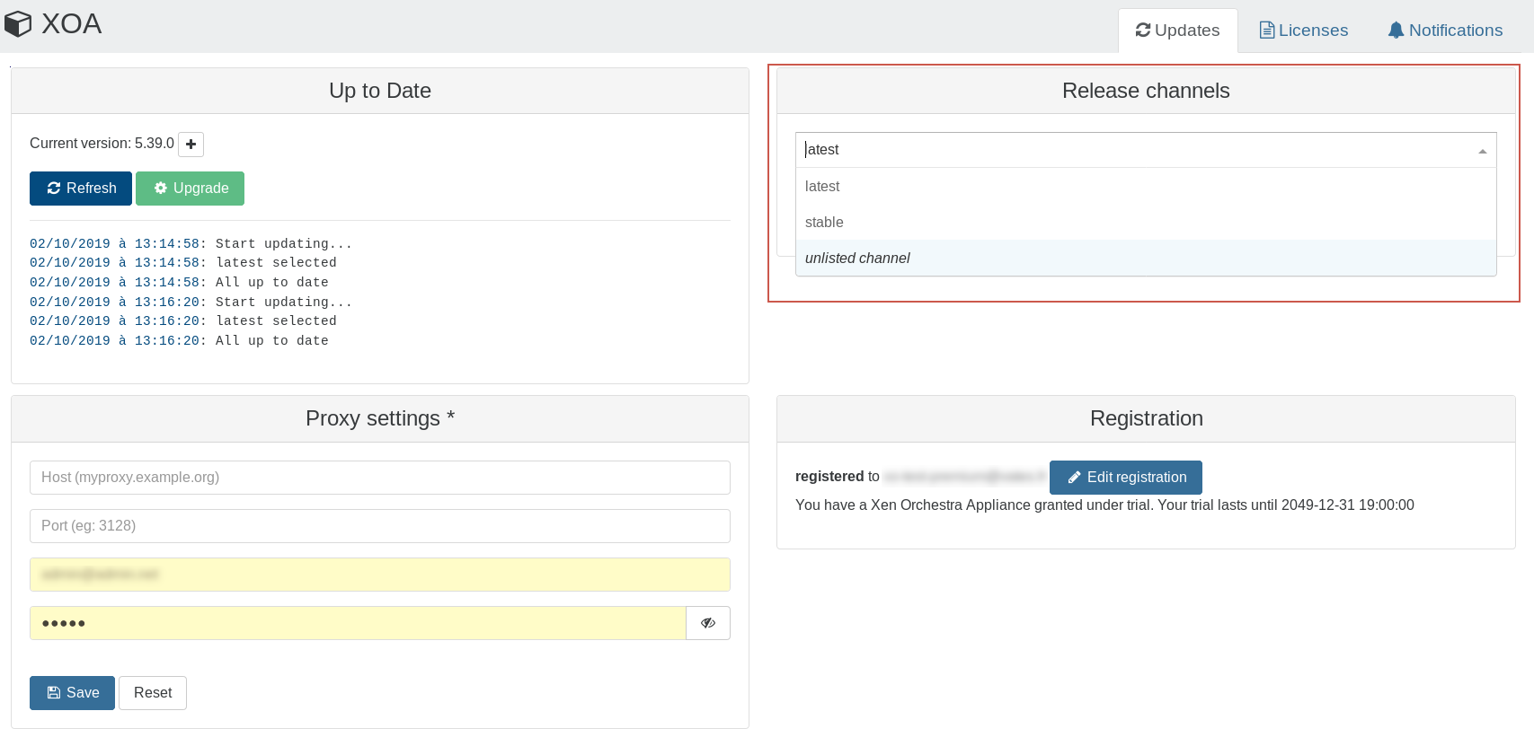 Choosing the release channel in the XOA Updates view